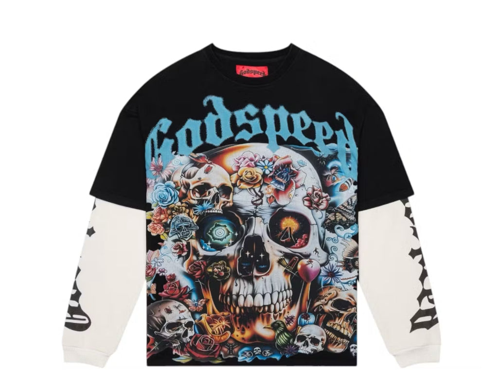 Godspeed “Floral Skull” Layered Long Sleeve Tee (Black/Cream)