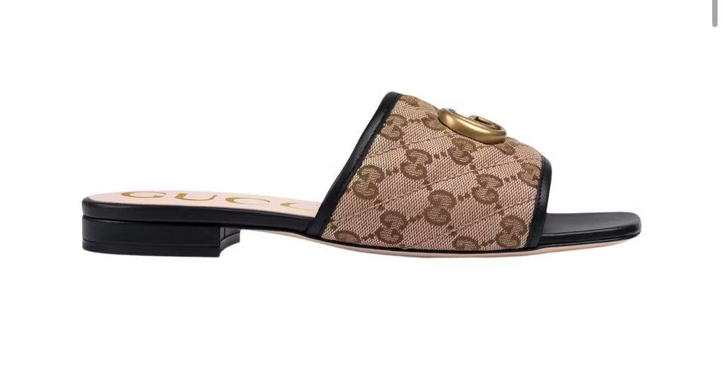 Gucci GG Canvas Slide Sandals with Double G Logo (Beige/Black)