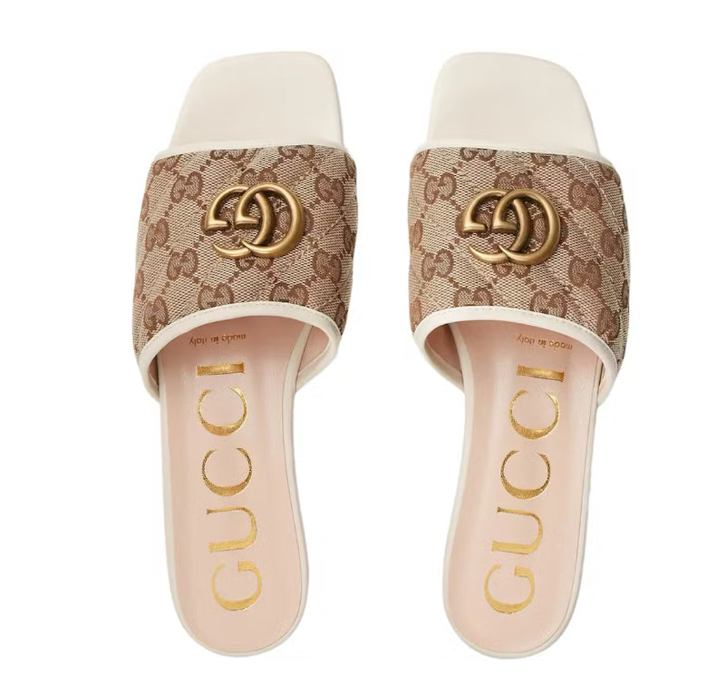 Gucci GG Canvas Slide Sandals with Double G Logo (Beige/Ivory)