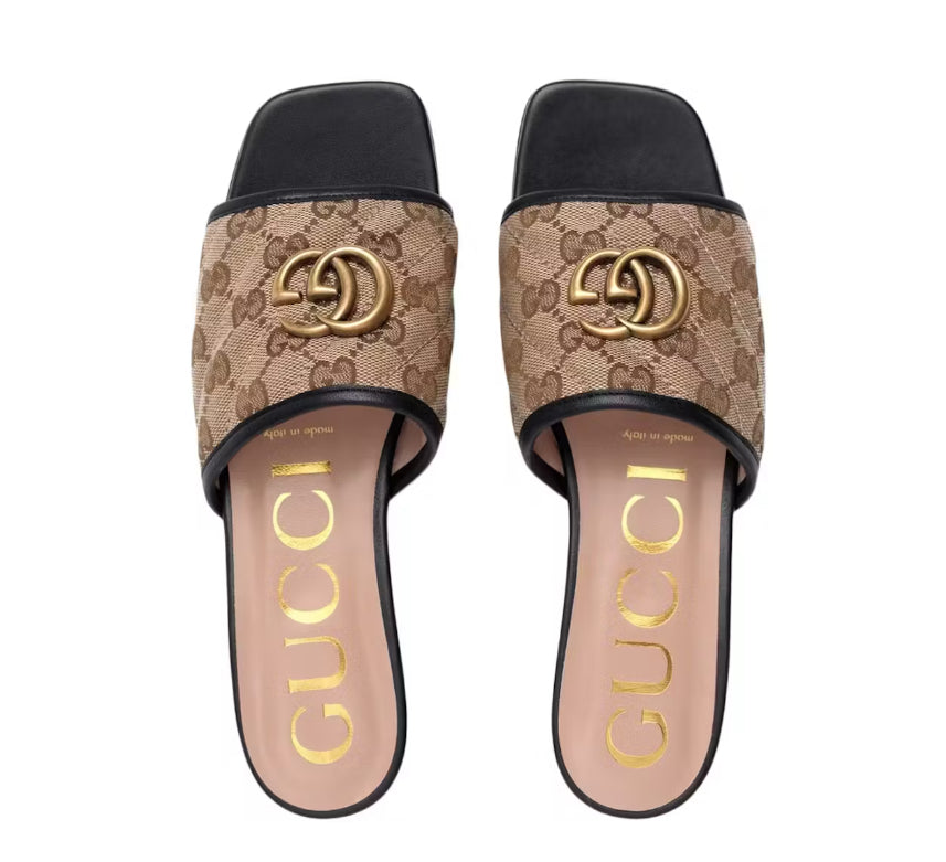 Gucci GG Canvas Slide Sandals with Double G Logo (Beige/Black)