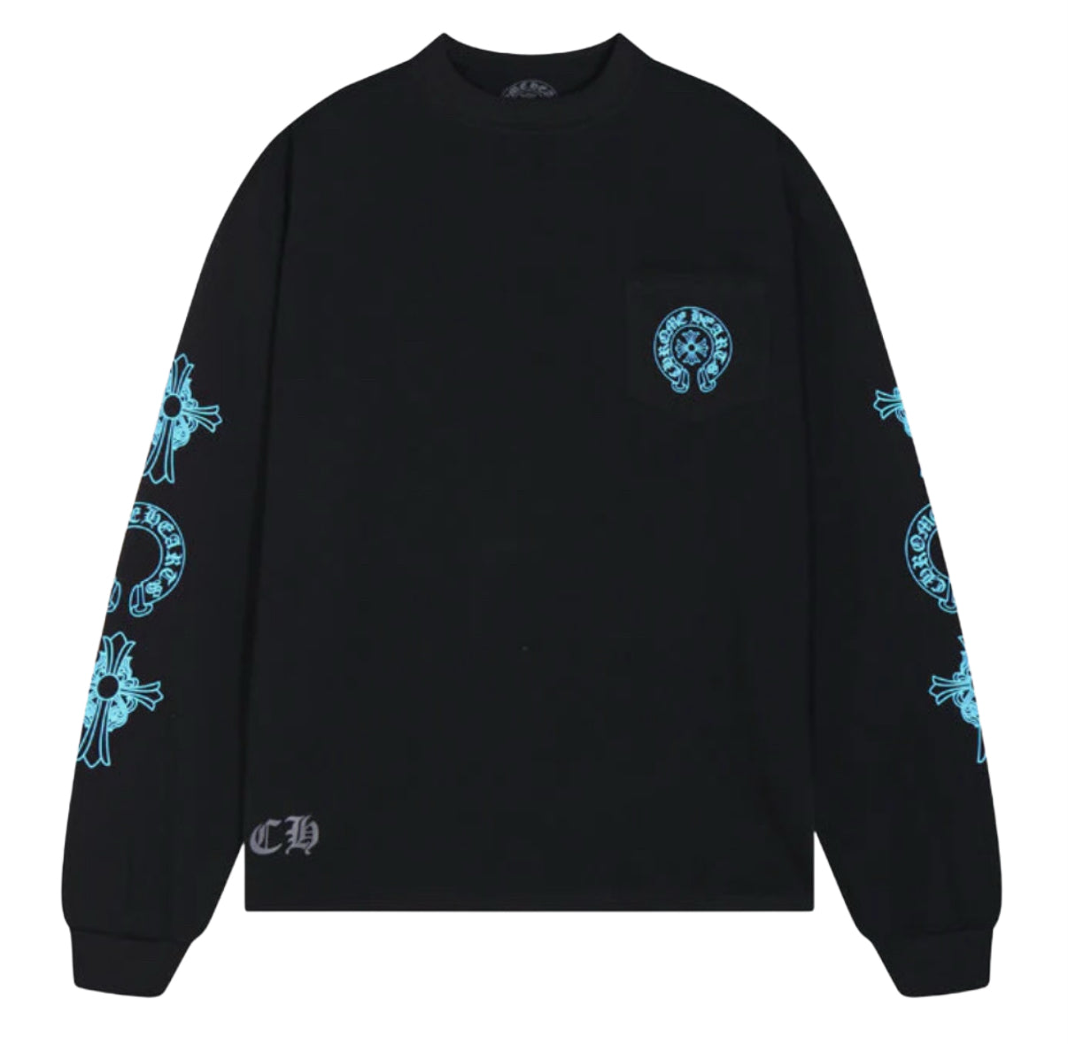 Chrome Hearts Blue Cross Horseshoe Long Sleeve Tee White and Black