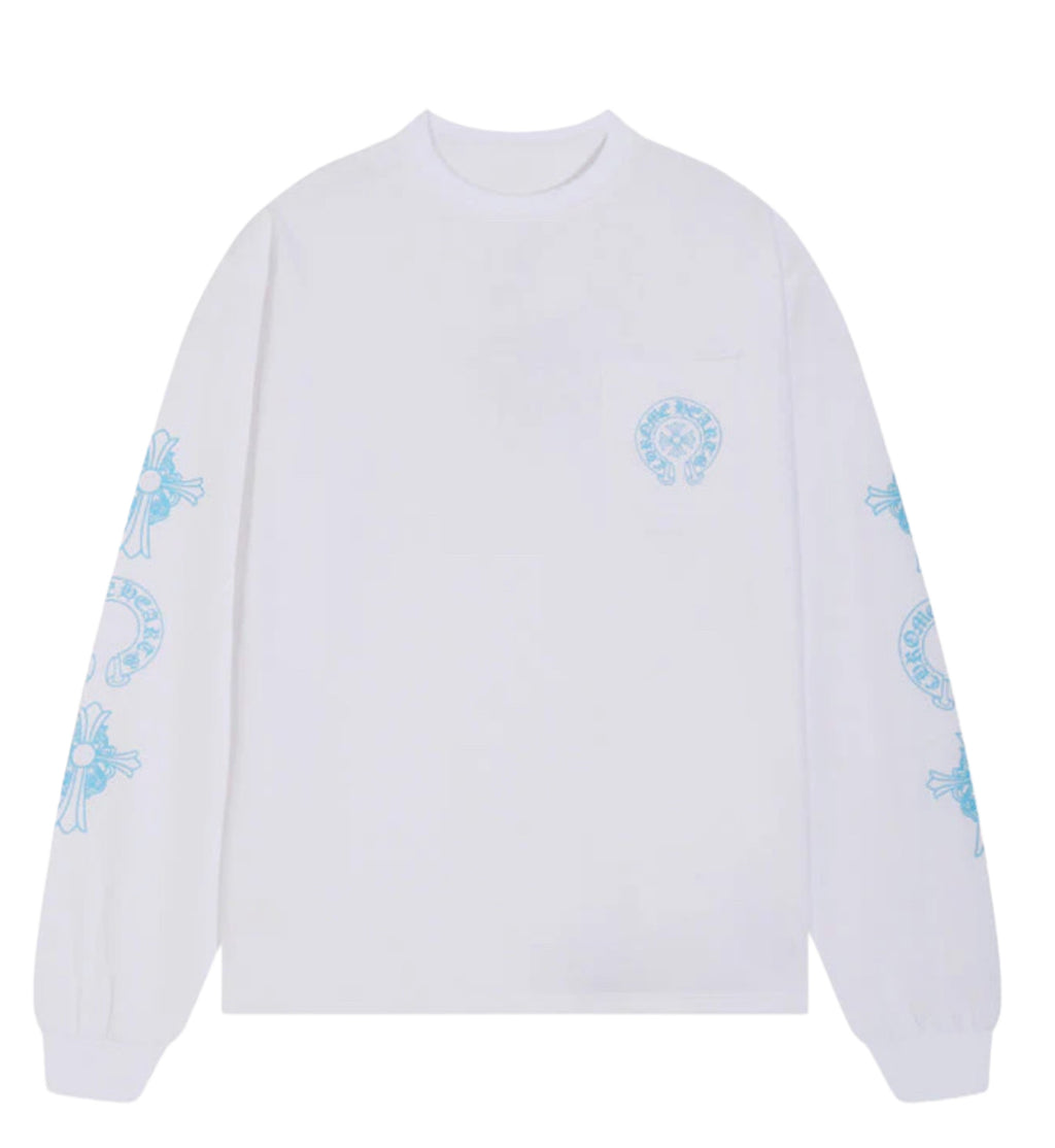 Chrome Hearts Blue Cross Horseshoe Long Sleeve Tee White and Black