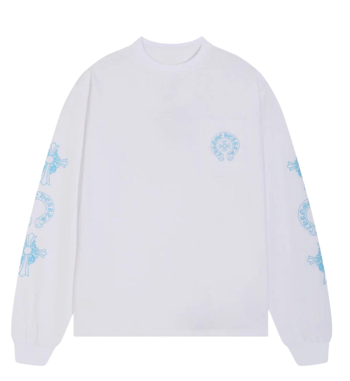 Chrome Hearts Blue Cross Horseshoe Long Sleeve Tee White and Black