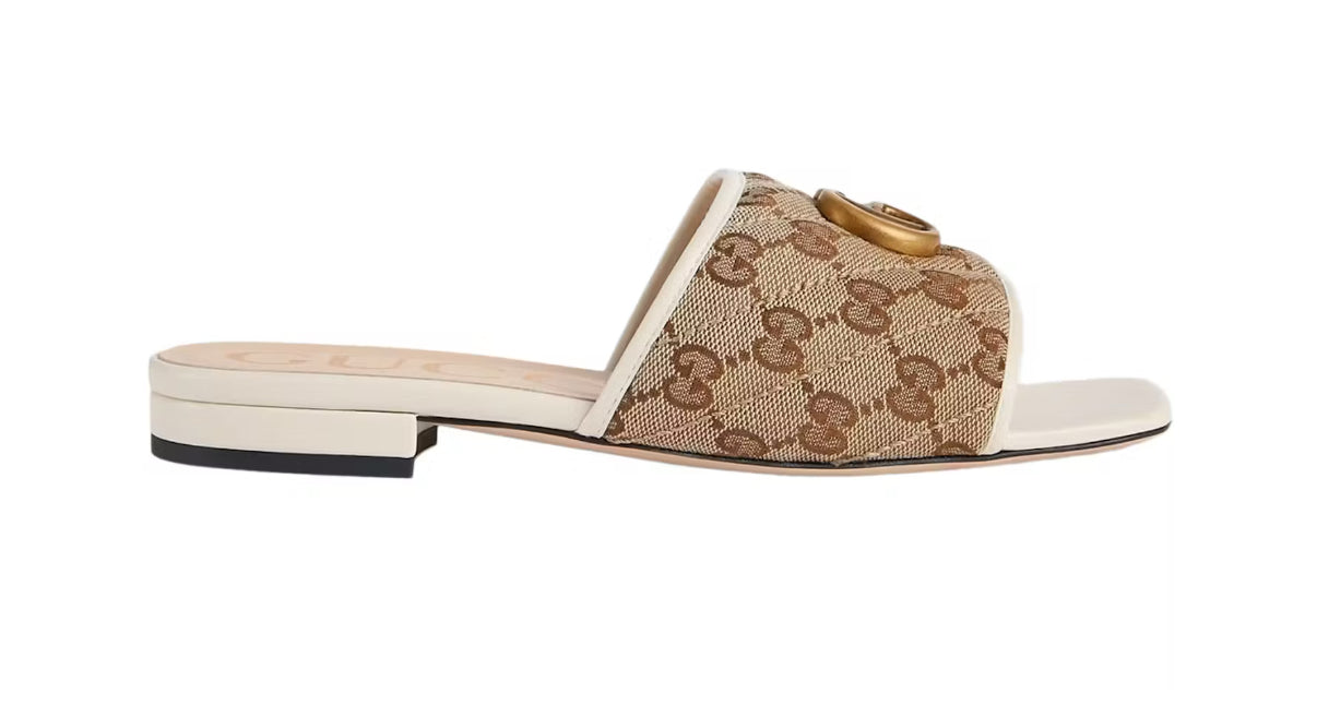 Gucci GG Canvas Slide Sandals with Double G Logo (Beige/Ivory)