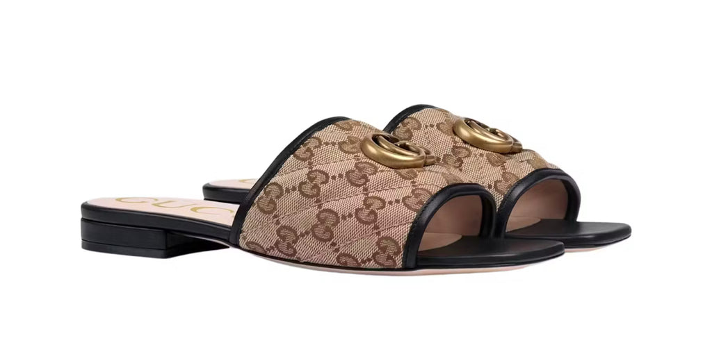 Gucci GG Canvas Slide Sandals with Double G Logo (Beige/Black)