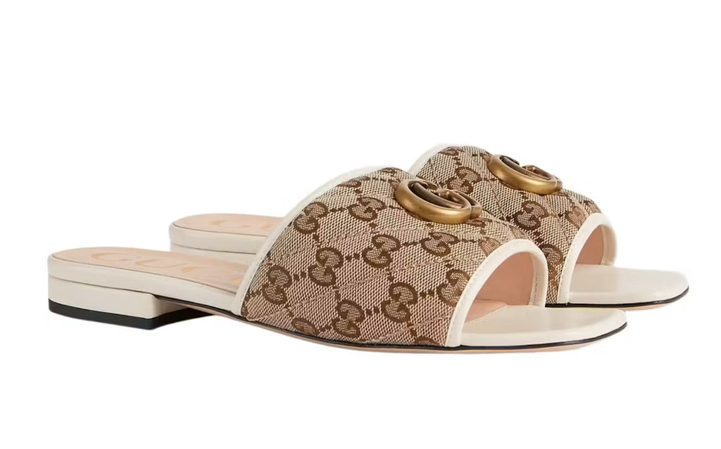 Gucci GG Canvas Slide Sandals with Double G Logo (Beige/Ivory)